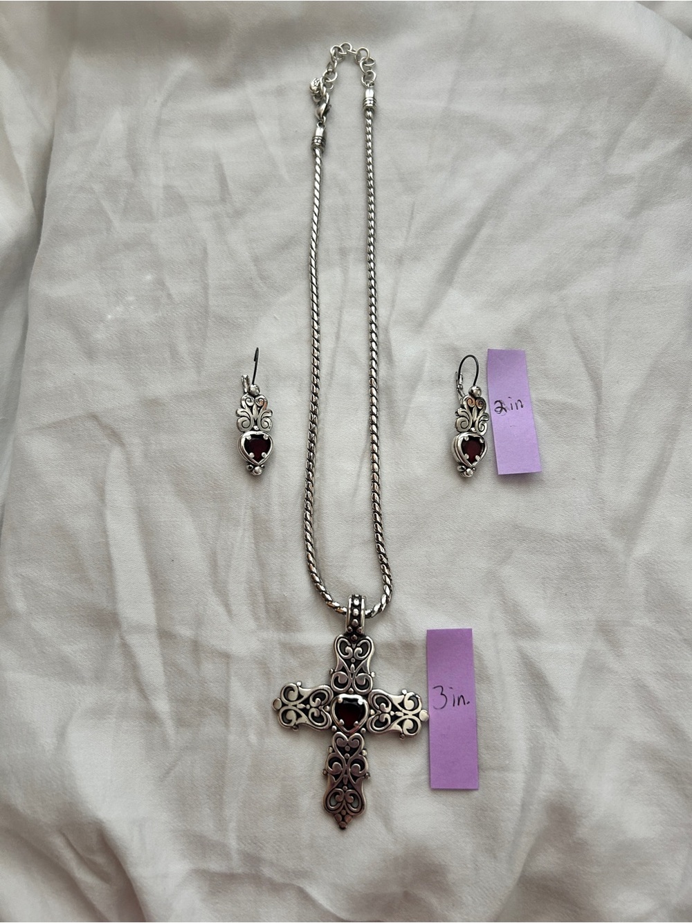 Brighton Silver-Tone Filigree Cross Necklace with Deep Red Heart Accents